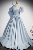 Blue Satin Pearl Long Prom Dress, Blue A-Line Short Sleeve Evening Dress HZ0429