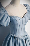 Blue Satin Pearl Long Prom Dress, Blue A-Line Short Sleeve Evening Dress HZ0429