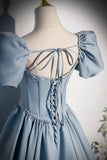 Blue Satin Pearl Long Prom Dress, Blue A-Line Short Sleeve Evening Dress HZ0429