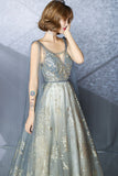 Gray Tulle Sequins Long Prom Dresses, A-Line Evening Party Dresses HZ0429
