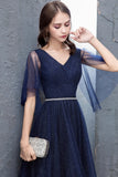 Blue V-Neck Tulle Long Prom Dresses, A-Line Evening Dresses HZ0429