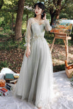 Gray Tulle Lace Long A-Line Prom Dresses, Gray Tulle Bridesmaid Dresses HZ0429