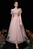 Pink Tulle Beading Tea Length Prom Dresses, A-Line Homecoming Dresses HZ0429