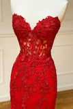 Red Strapless Lace Long Prom Dress, Mermaid Evening Dress HZ0429
