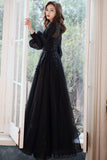 Black Tulle Long Sleeve Prom Dress, Black A-Line Evening Dress HZ0429