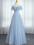 Blue Sweetheart Beaded Off the Shoulder Prom Dress, A-Line Blue Evening Dress HZ0429