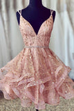 Pink V-Neck Tulle Short Prom Dresses, A-Line Mini Party Dresses HZ0429