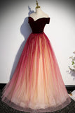 Burgundy Velvet Tulle Long Prom Dresses, Off the Shoulder Formal Evening Dresses HZ0429