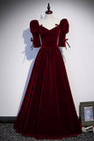 Burgundy Velvet Long Prom Dresses, A-Line Short Sleeve Evening Dresses HZ0429
