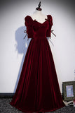 Burgundy Velvet Long Prom Dresses, A-Line Short Sleeve Evening Dresses HZ0429