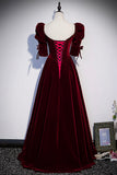 Burgundy Velvet Long Prom Dresses, A-Line Short Sleeve Evening Dresses HZ0429