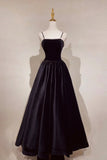 Black Velvet Pearls Long Prom Dresses, Black A-Line Evening Party Dresses HZ0429