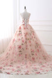 Pink Floral Pattern Lace Long Prom Dress, A-Line Formal Dress HZ0429
