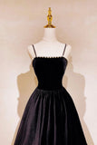 Black Velvet Pearls Long Prom Dresses, Black A-Line Evening Party Dresses HZ0429