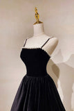 Black Velvet Pearls Long Prom Dresses, Black A-Line Evening Party Dresses HZ0429