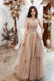 Lovely Strapless Tulle Sequined Long Prom Dresses, A-Line Evening Party Dresses HZ0429