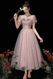 Pink Tulle Beading Tea Length Prom Dresses, A-Line Homecoming Dresses HZ0429