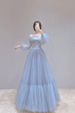 Blue Tulle Long A-Line Prom Dress, Long Sleeve Tulle Evening Dress HZ0429