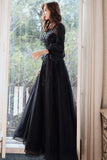 Black Tulle Long Sleeve Prom Dress, Black A-Line Evening Dress HZ0429