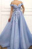 Blue Off the Shoulder Long Prom Dress, A-Line Blue Evening Dress HZ0429