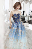 Blue Tulle Gradient Long Formal Gowns, A-Line Strapless Evening Dresses HZ0429