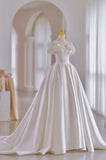 White Satin Long Ball Gown, A-Line Flower Wedding Gown with Bow HZ0429