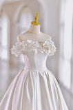 White Satin Long Ball Gown, A-Line Flower Wedding Gown with Bow HZ0429