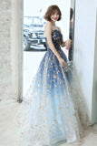 Blue Tulle Gradient Long Formal Gowns, A-Line Strapless Evening Dresses HZ0429
