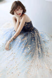 Blue Tulle Gradient Long Formal Gowns, A-Line Strapless Evening Dresses HZ0429