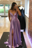 Purple V-Neck Satin Long Prom Dress, Simple A-Line Evening Dress HZ0429