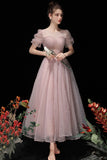 Pink Tulle Beading Tea Length Prom Dresses, A-Line Homecoming Dresses HZ0429