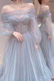 Blue Tulle Long A-Line Prom Dress, Long Sleeve Tulle Evening Dress HZ0429