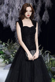Black Tulle Long A-Line Evening Dress, Black Sweetheart Neck Prom Dress HZ0429
