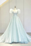 Lovely Puff Sleeve Tulle Formal Evening Gown, A-Line Long Prom Dress HZ0429