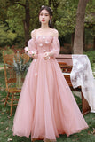 Pink Tulle Long Prom Dresses, Pink A-Line Tulle Party Dresses HZ0429