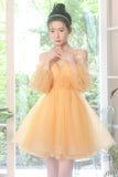 Yellow Tulle Short Prom Dress, A-Line Short Sleeve Party Dress HZ0429