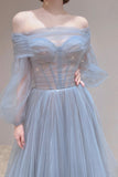 Blue Tulle Long A-Line Prom Dress, Long Sleeve Tulle Evening Dress HZ0429