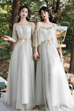 Gray Tulle Lace Long A-Line Prom Dresses, Gray Tulle Bridesmaid Dresses HZ0429