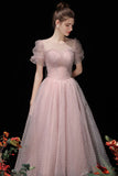 Pink Tulle Beading Tea Length Prom Dresses, A-Line Homecoming Dresses HZ0429