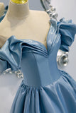 Blue V-Neck Satin Long Prom Dress, Off the Shoulder Evening Dress HZ0429