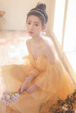 Yellow Tulle Short Prom Dress, A-Line Short Sleeve Party Dress HZ0429