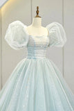 Lovely Puff Sleeve Tulle Formal Evening Gown, A-Line Long Prom Dress HZ0429
