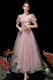 Pink Tulle Beading Tea Length Prom Dresses, A-Line Homecoming Dresses HZ0429