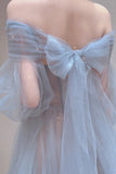 Blue Tulle Long A-Line Prom Dress, Long Sleeve Tulle Evening Dress HZ0429