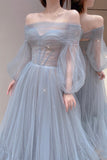 Blue Tulle Long A-Line Prom Dress, Long Sleeve Tulle Evening Dress HZ0429