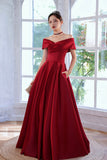 Red Satin A-Line Floor Length Prom Dress, Red  Off Shoulder Evening Dress HZ0429