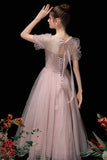 Pink Tulle Beading Tea Length Prom Dresses, A-Line Homecoming Dresses HZ0429