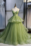 Green Tulle Long Prom Dresses, A-Line Evening Dresses with Train HZ0429