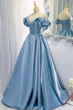 Blue V-Neck Satin Long Prom Dress, Off the Shoulder Evening Dress HZ0429