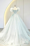 Lovely Puff Sleeve Tulle Formal Evening Gown, A-Line Long Prom Dress HZ0429